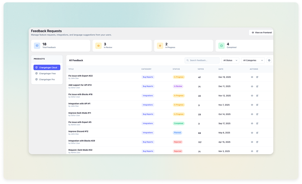WordPress feedback board backend configuration in Changeloger plugin