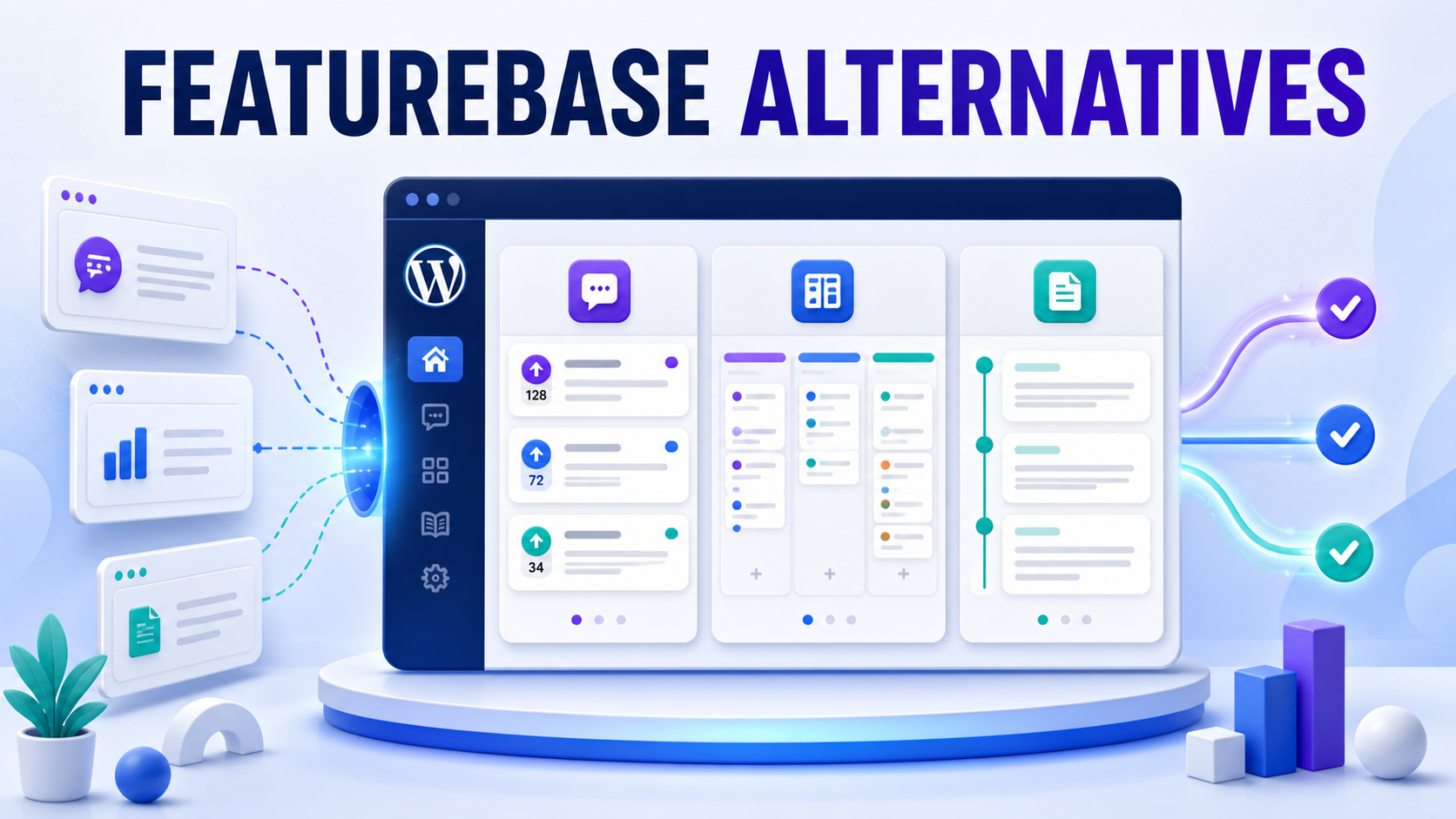 Featurebase alternatives dashboard showing feedback voting, a public roadmap, and WordPress release notes