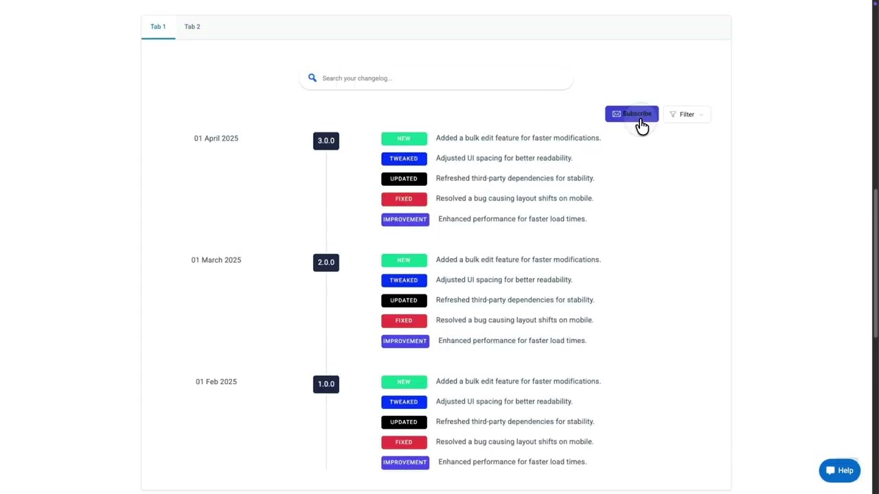 Self-hosted changelog page with tabs, search box, subscribe and filter buttons built with Changeloger