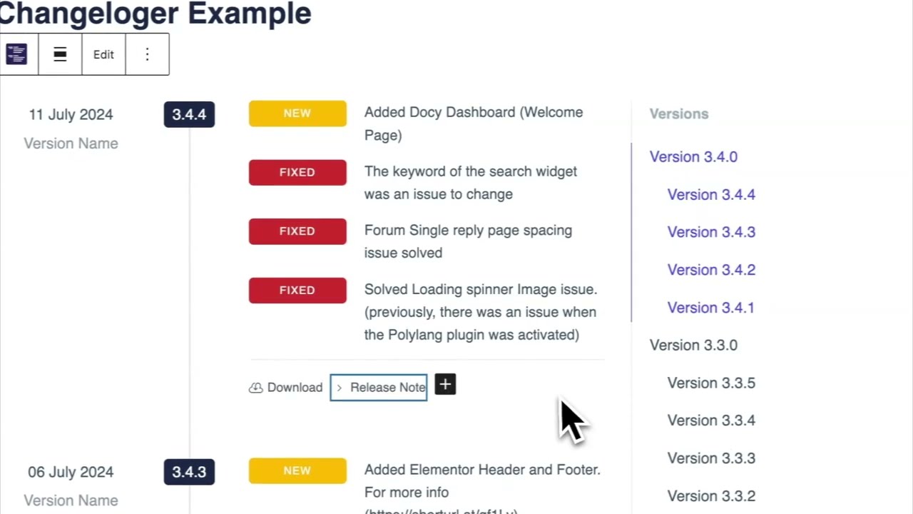 Changeloger changelog with color-coded New and Fixed tags, a version sidebar, and Download and Release Note buttons