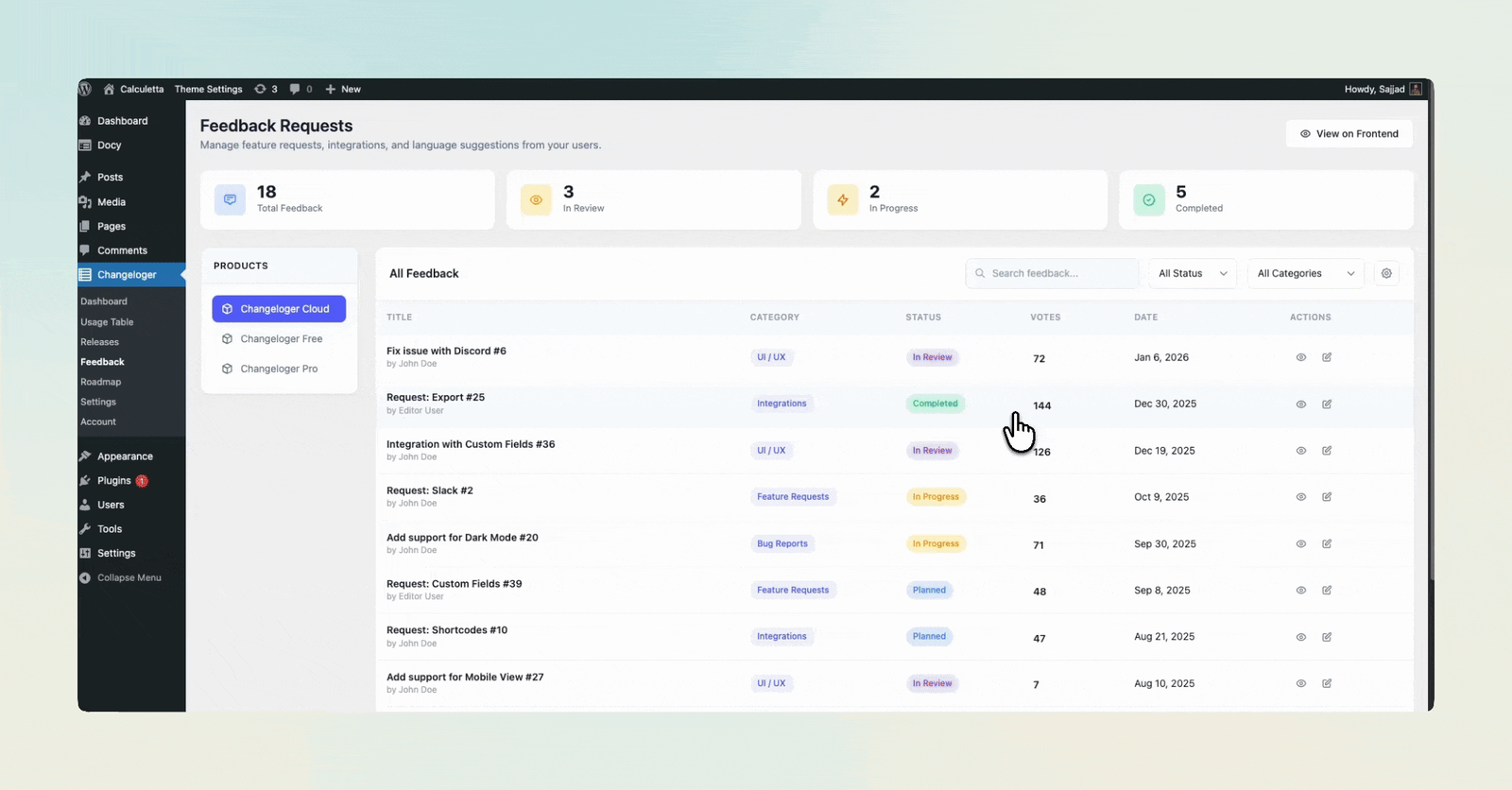 WordPress alternative to Canny and Beamer: Changeloger feedback requests table with categories, statuses and vote counts