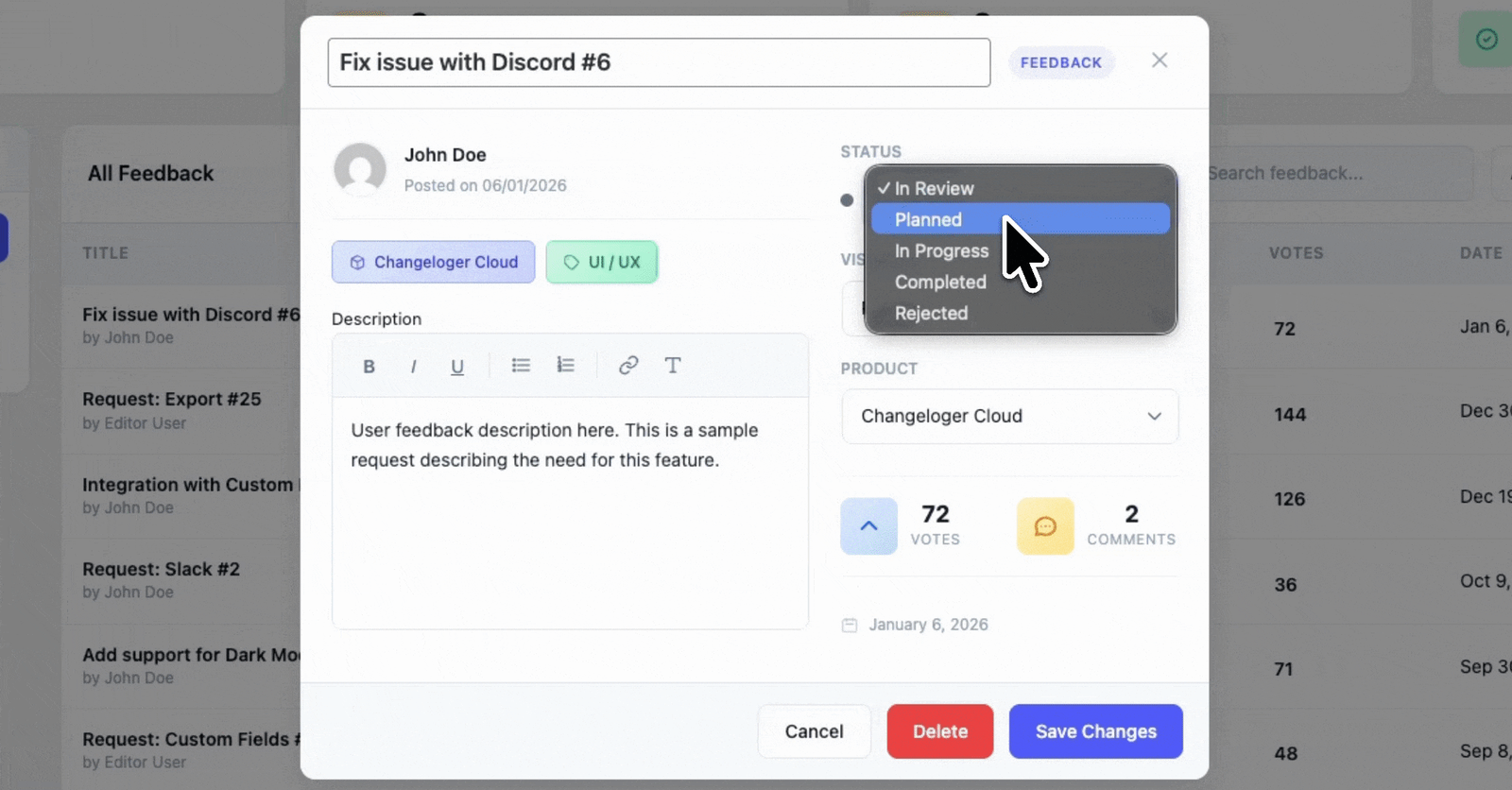 Editing a feature request in Changeloger: changing status to Planned, with vote and comment counts and product selector