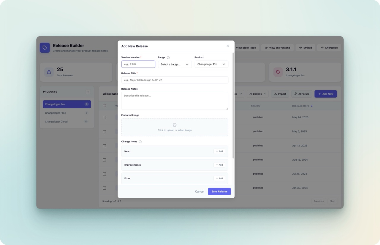 WordPress plugin release notes form in Changeloger with version number, badge, release title, notes and change items