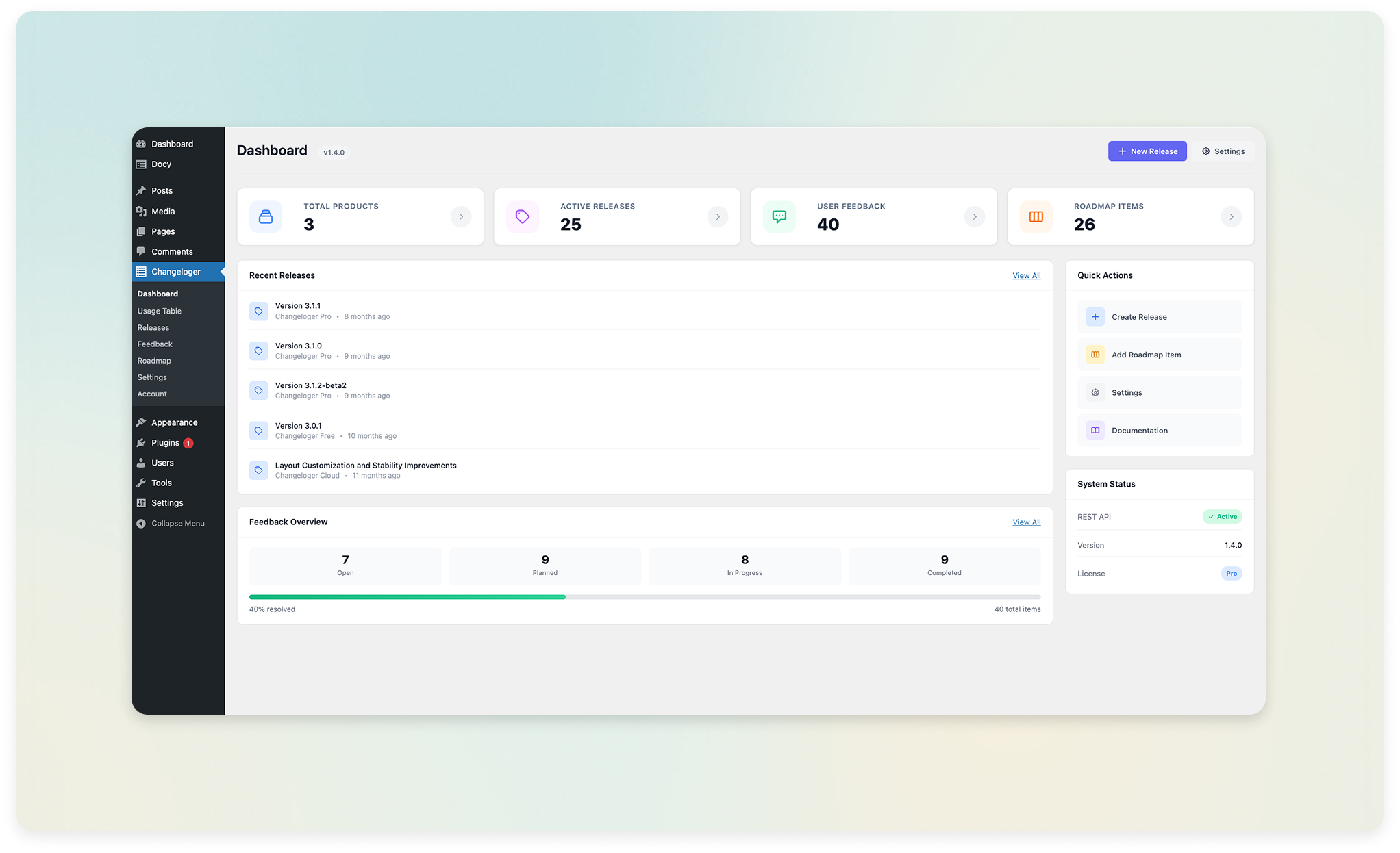 Changeloger admin overview dashboard with products releases feedback and roadmap stats