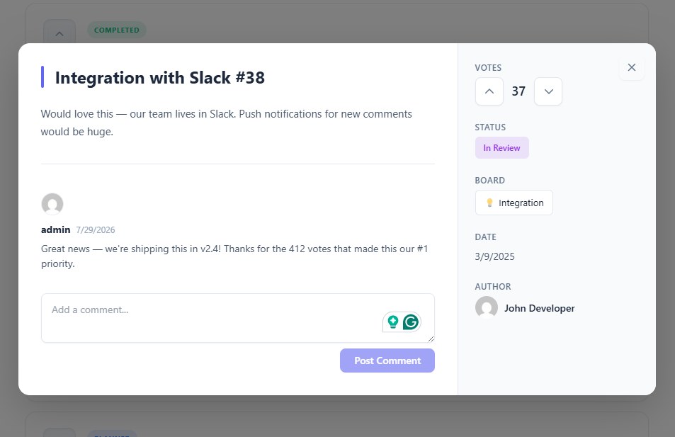 Why WordPress plugins need public roadmaps: a Changeloger feature request detail view with votes, status badge and an admin reply