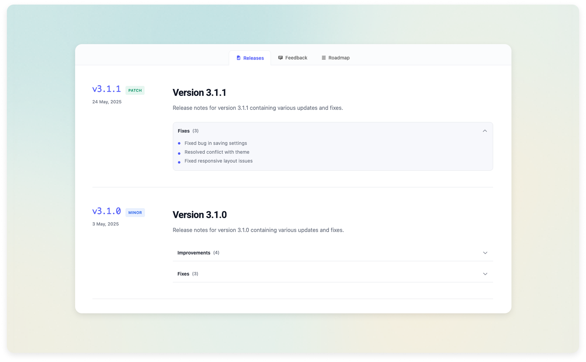 Changeloger Release Hub block frontend demo with releases feedback and roadmap tabs
