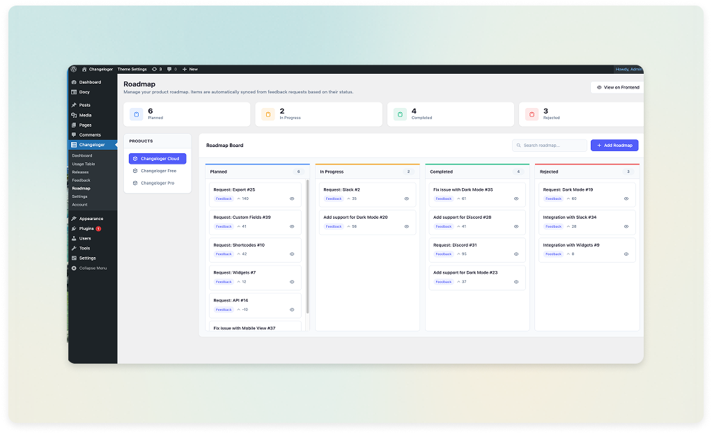 Changeloger roadmap admin synced from feedback, used to turn user feedback into a product roadmap