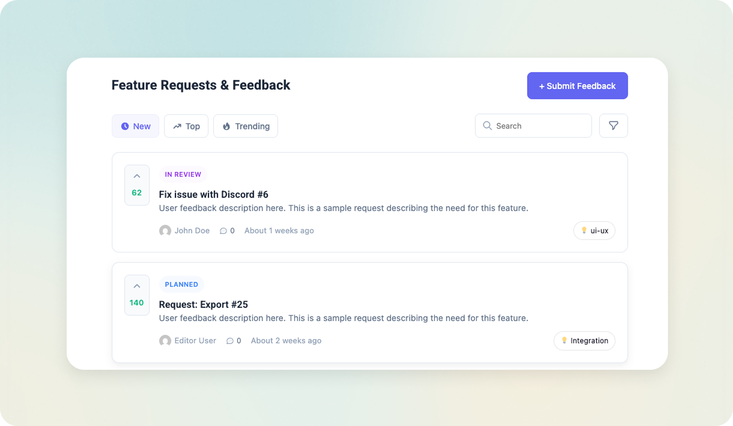 Collect feature requests from plugin users on a Changeloger feedback board with upvotes, status badges and categories