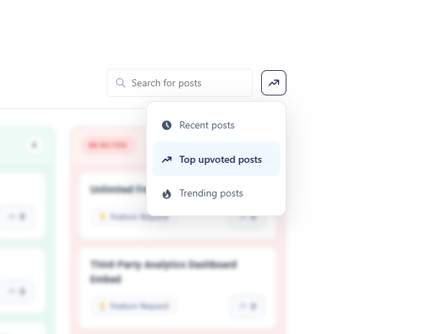 Sort menu on a Changeloger feature request board with Recent, Top upvoted and Trending options for plugin user feedback