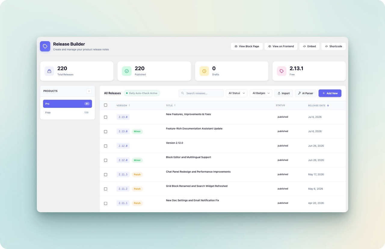 WordPress plugin changelog best practices in a release builder with version numbers, badges and published status