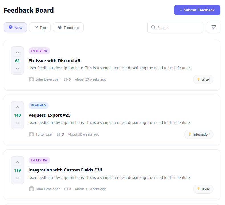 Collect feature requests from plugin users on a Changeloger feedback board with upvotes, status badges and category tags