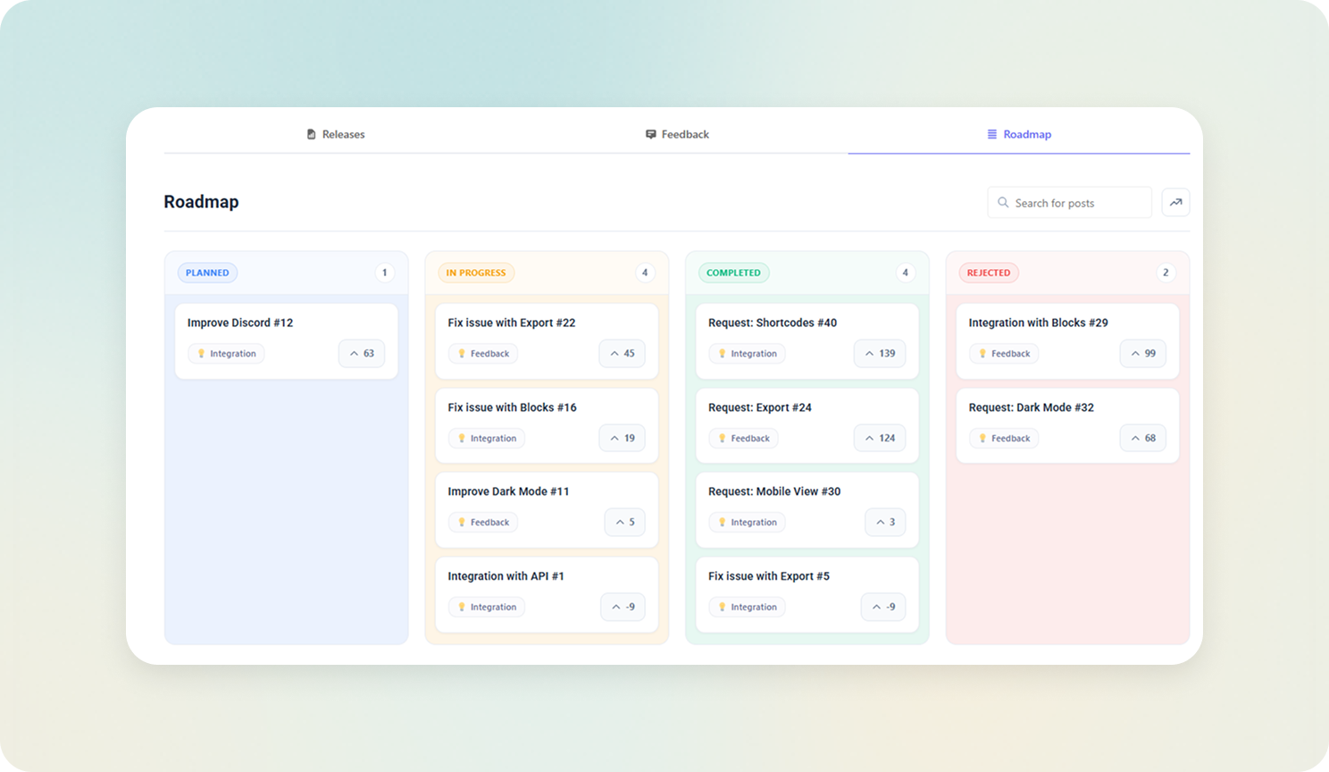 Public roadmap for WordPress plugin shown as a Changeloger Kanban board with Planned, In Progress, Completed and Rejected columns