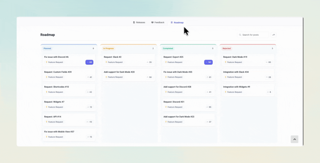 Changeloger feedback management with New Top Trending sort and status category filters