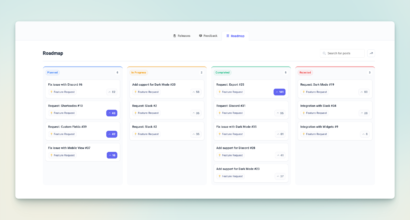 Turn user feedback into a product roadmap: Changeloger Kanban roadmap with Planned, In Progress, Completed and Rejected columns