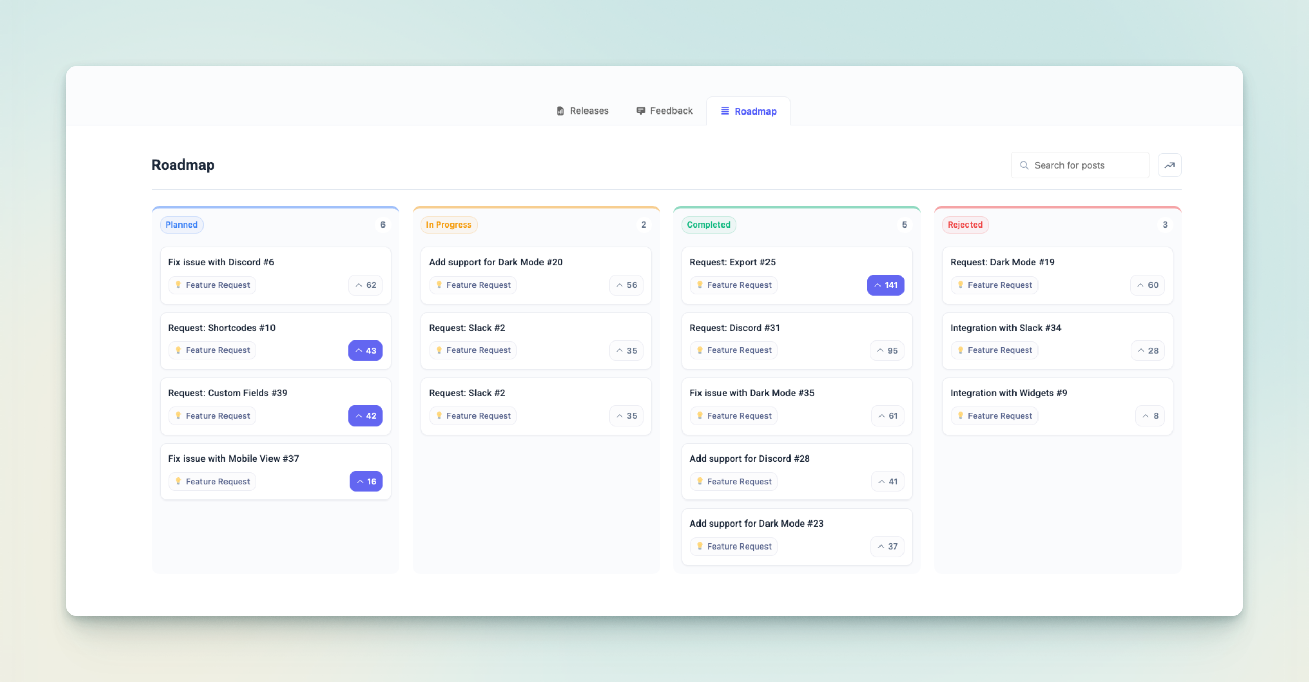 Turn user feedback into a product roadmap: Changeloger Kanban roadmap with Planned, In Progress, Completed and Rejected columns
