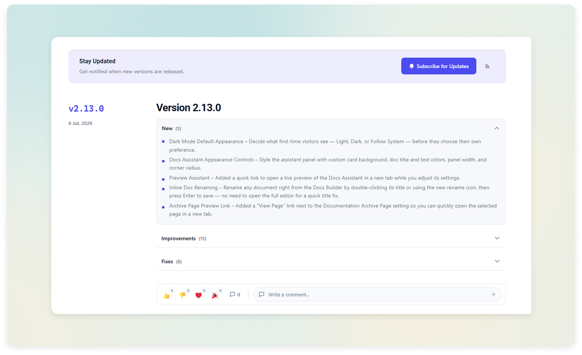 Create WordPress plugin release notes with the Changeloger Release Hub: versions, categories, reactions and comments