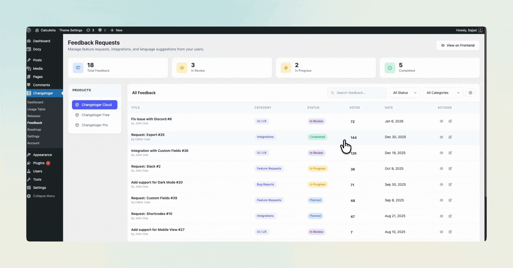 Changeloger Feedback Requests admin dashboard with stats, product list, statuses and vote counts