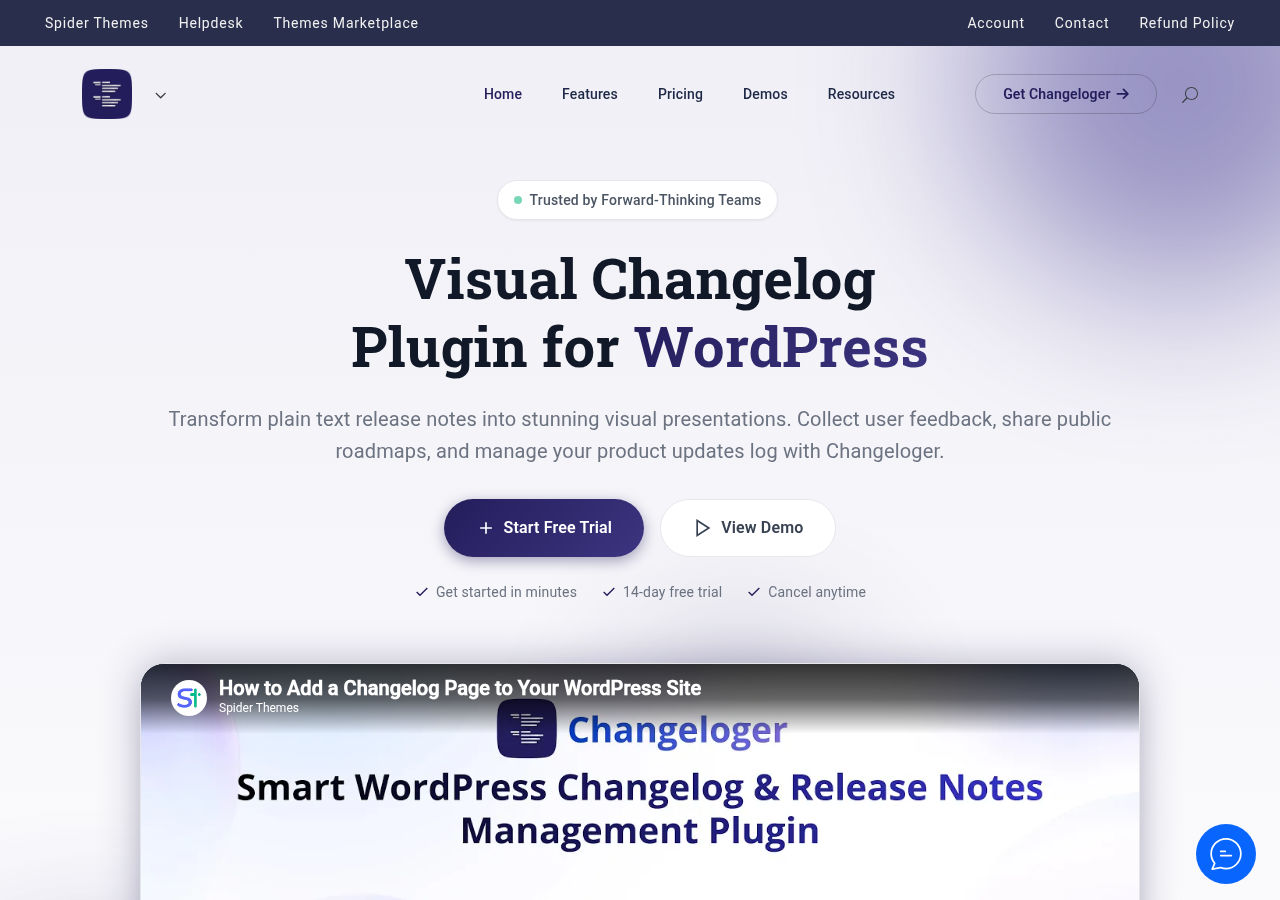 Changeloger WordPress customer feedback plugin homepage marketing cover