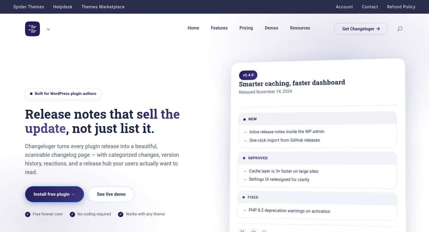 Release notes hero from the Changeloger release feature page showing a v2.4.0 release with New, Improved and Fixed changes