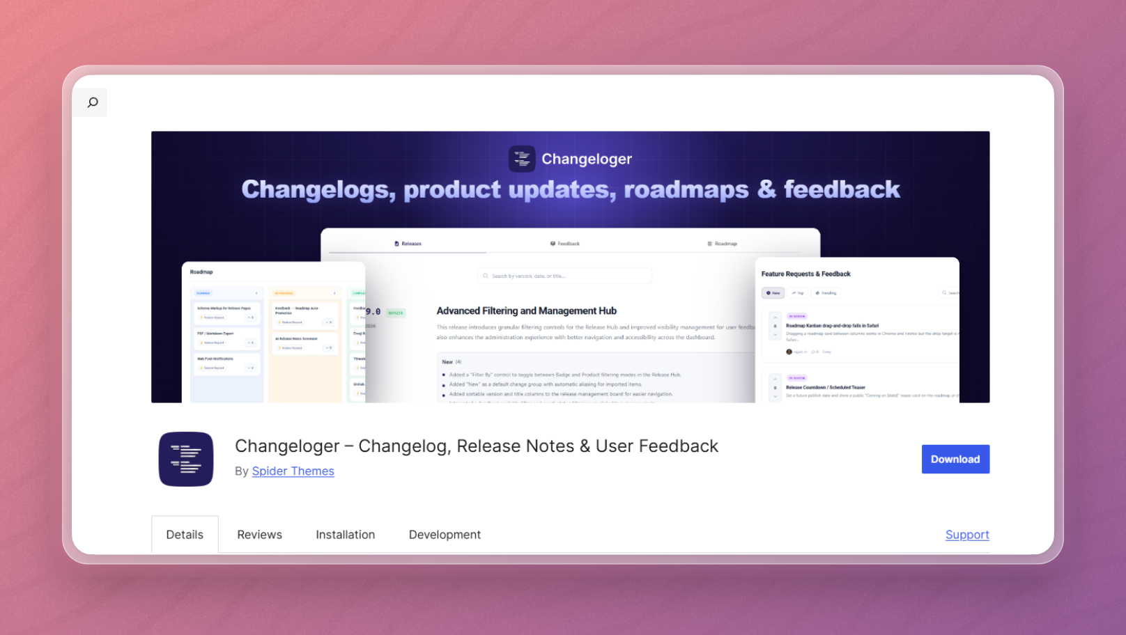 WordPress changelog plugin Changeloger marketing cover showing changelogs, product updates, roadmaps and feedback