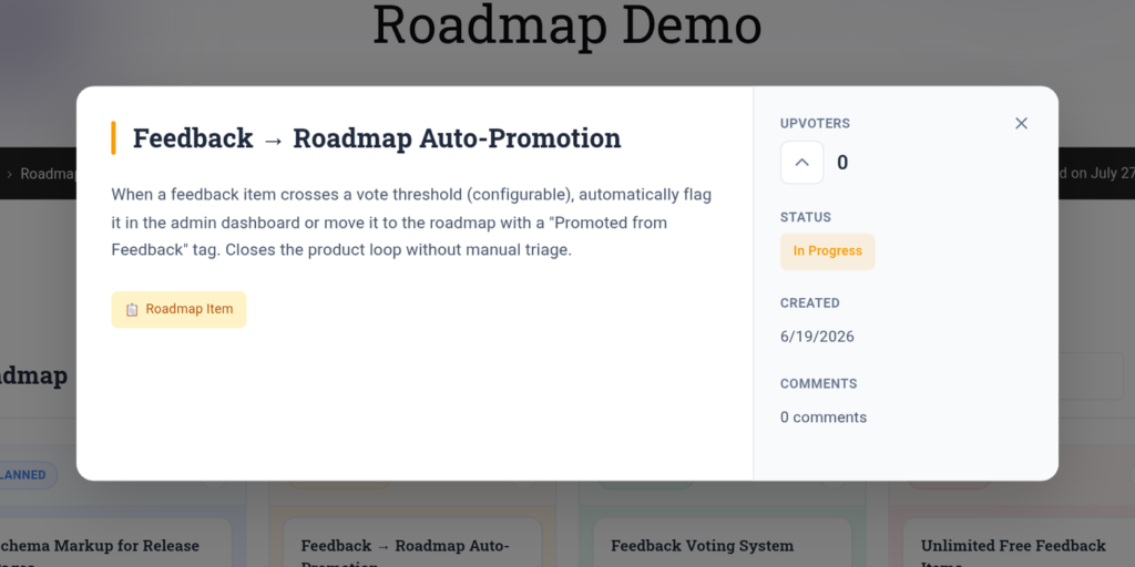 Changeloger roadmap item detail view showing an In Progress feature request with upvoters, status, created date and comments