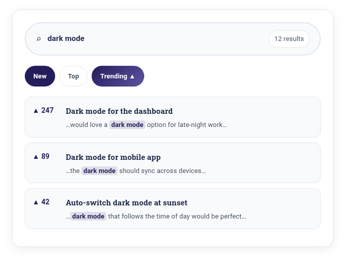Feature voting board with New, Top and Trending sort tabs and live search to prioritize feature requests