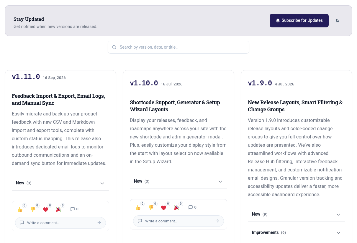 Product release notes shown as Changeloger Mosaic grid cards with version, date, headline, summary and search box