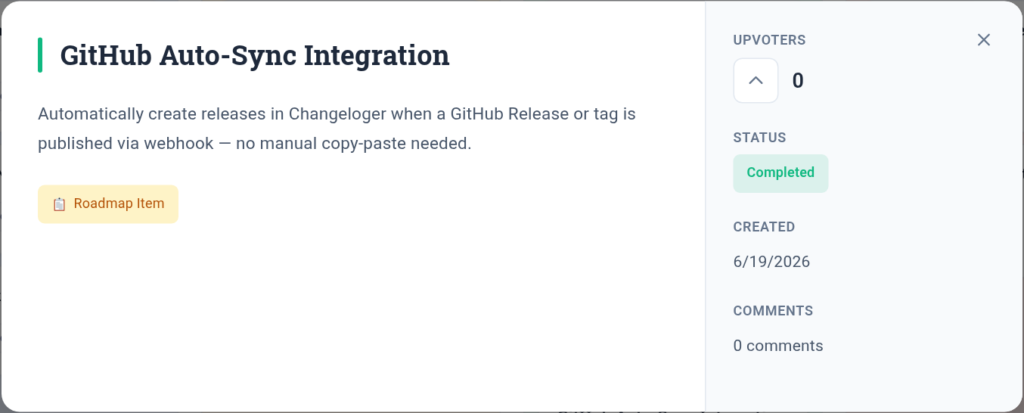Changeloger roadmap item detail for a Completed feature, GitHub Auto-Sync Integration, with status, upvoters, date and comments