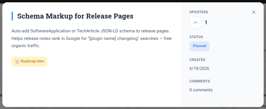Roadmap item detail view in Changeloger showing description, upvoters, Planned status, created date and comments