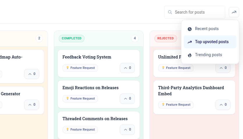 Changeloger public product roadmap sort menu with Recent, Top upvoted and Trending options on a Kanban roadmap