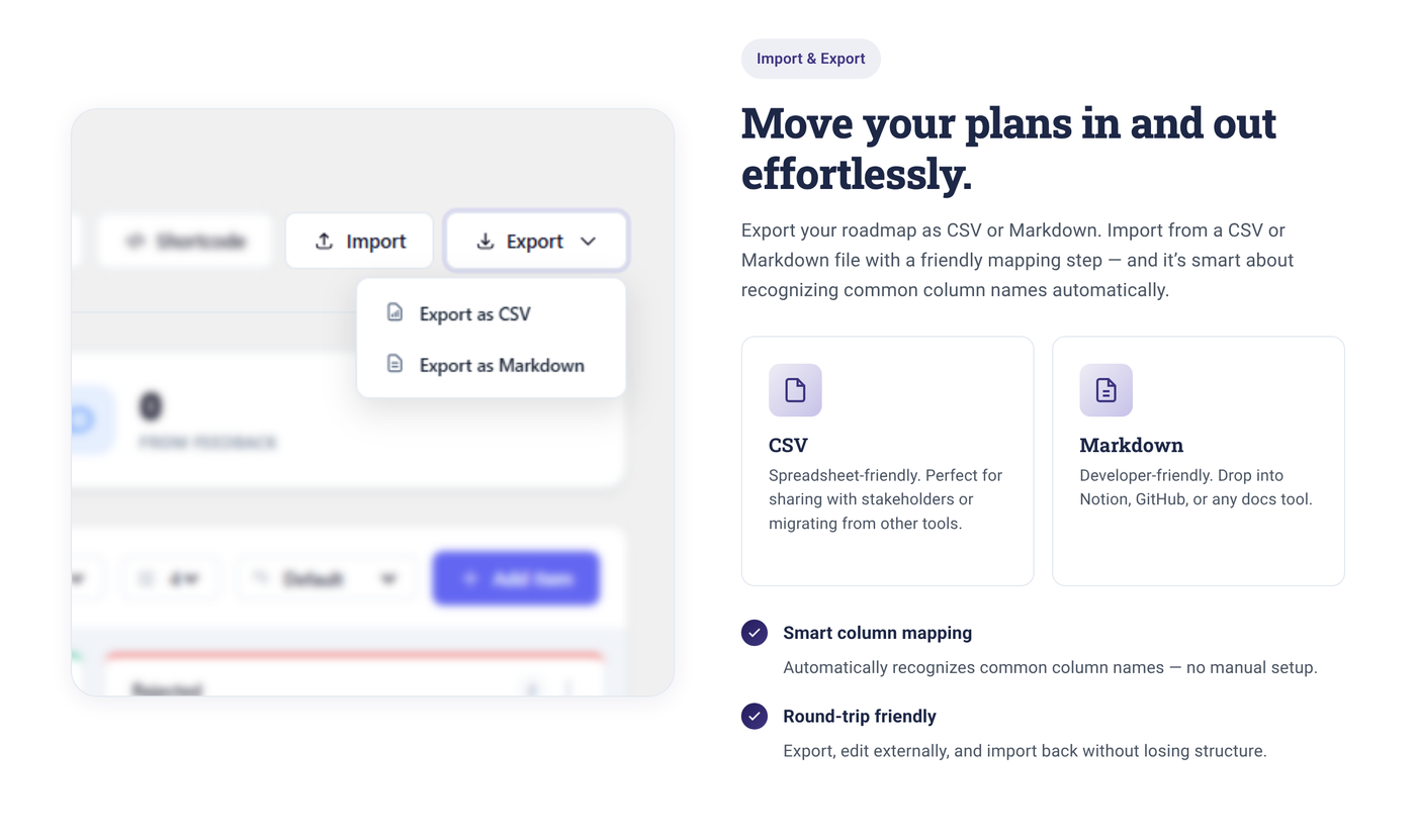 Product roadmap WordPress import and export menu with Export as CSV and Export as Markdown options