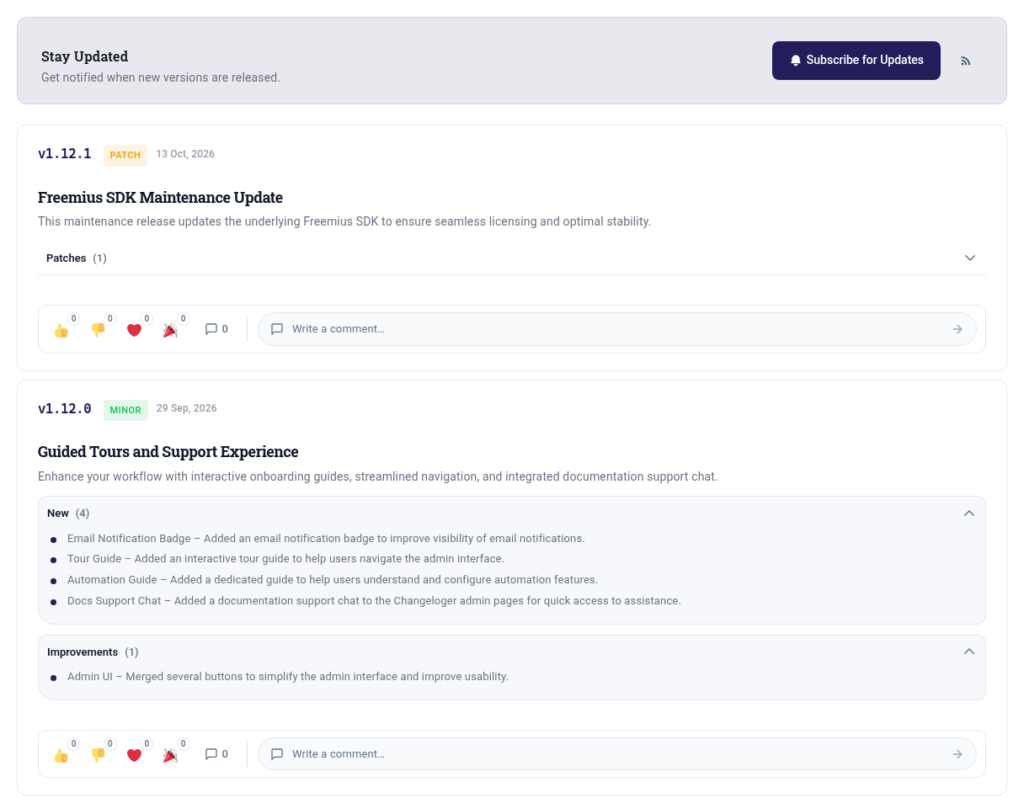 Compact release notes layout with Patch and Minor badges, release title, summary, grouped changes and a Subscribe for Updates bar