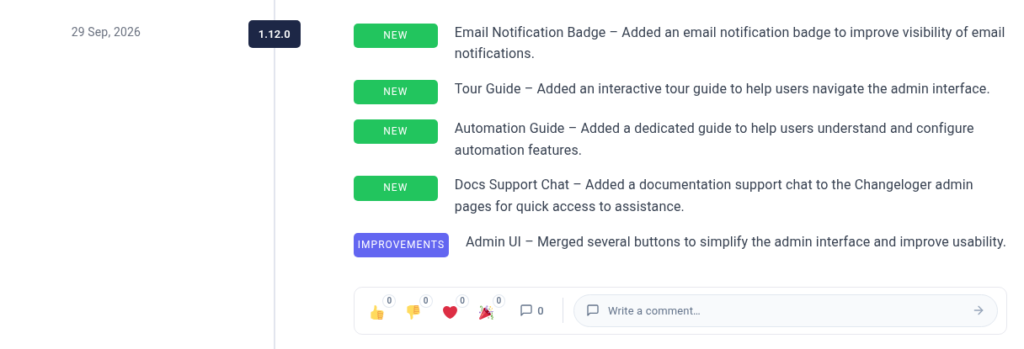 Changeloger Ticker layout showing version 1.12.0 change items tagged New and Improvements on a release timeline