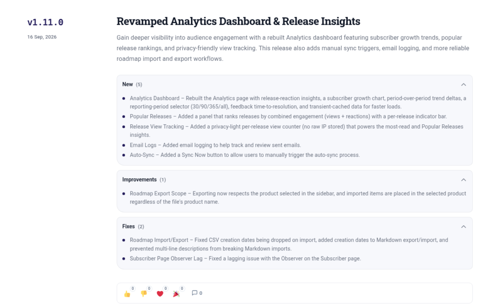 Single release page in Changeloger for v1.11.0 with title, summary and New, Improvements and Fixes groups