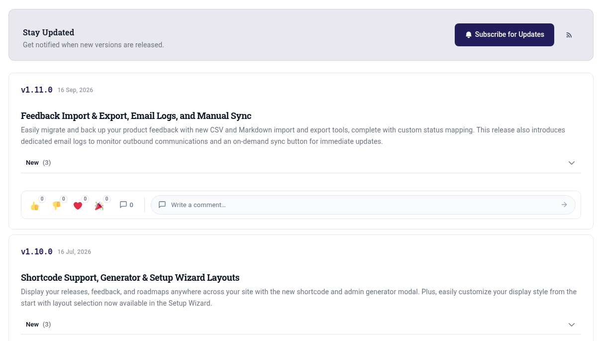 Release notes WordPress page in the Changeloger Compact layout with version, headline, summary and emoji reactions