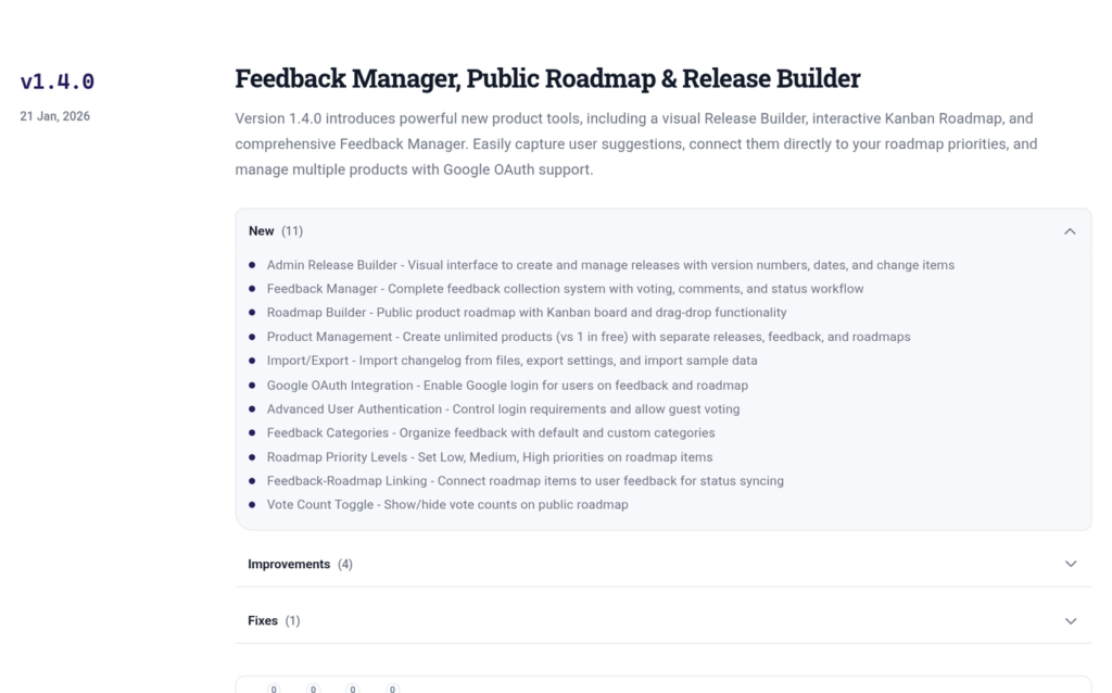 Changeloger single release page for version 1.4.0 listing new features, improvements and fixes with reactions