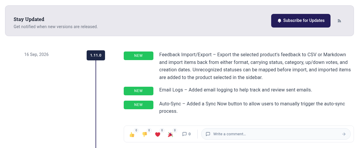 Software release notes in the Changeloger Ticker timeline layout with version marker, date and NEW change tags