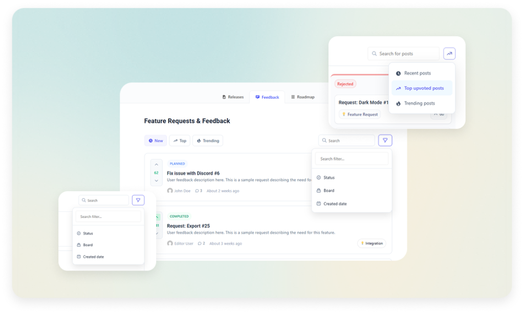 WordPress feedback board sorted by New Top Trending with status and board filters