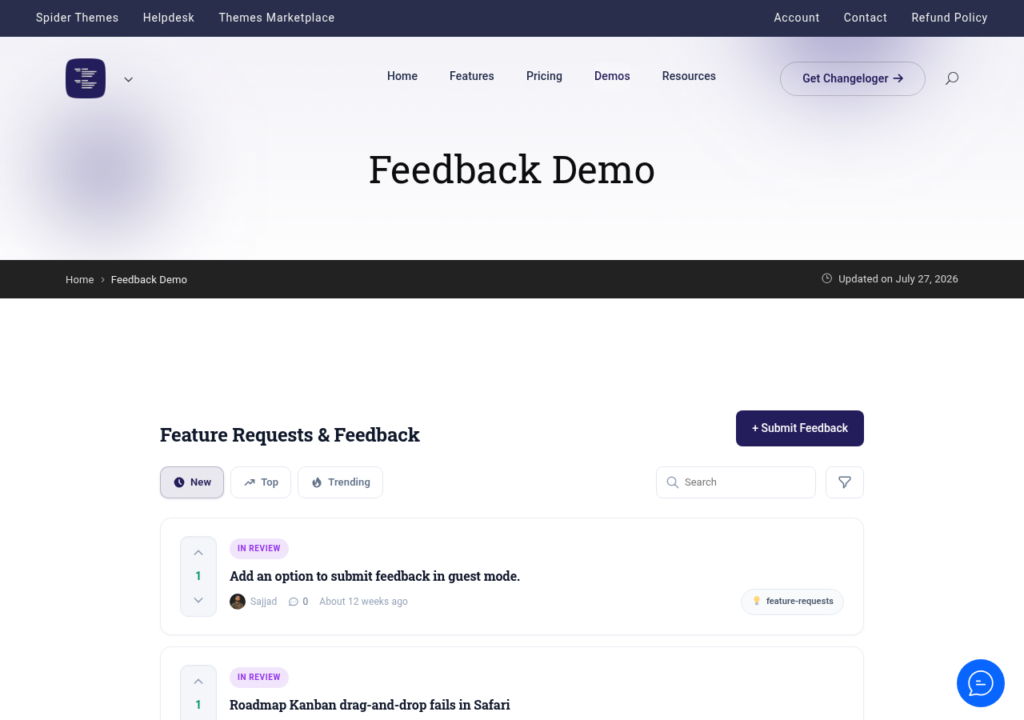 WordPress user feedback board where end users browse ideas and upvote requests