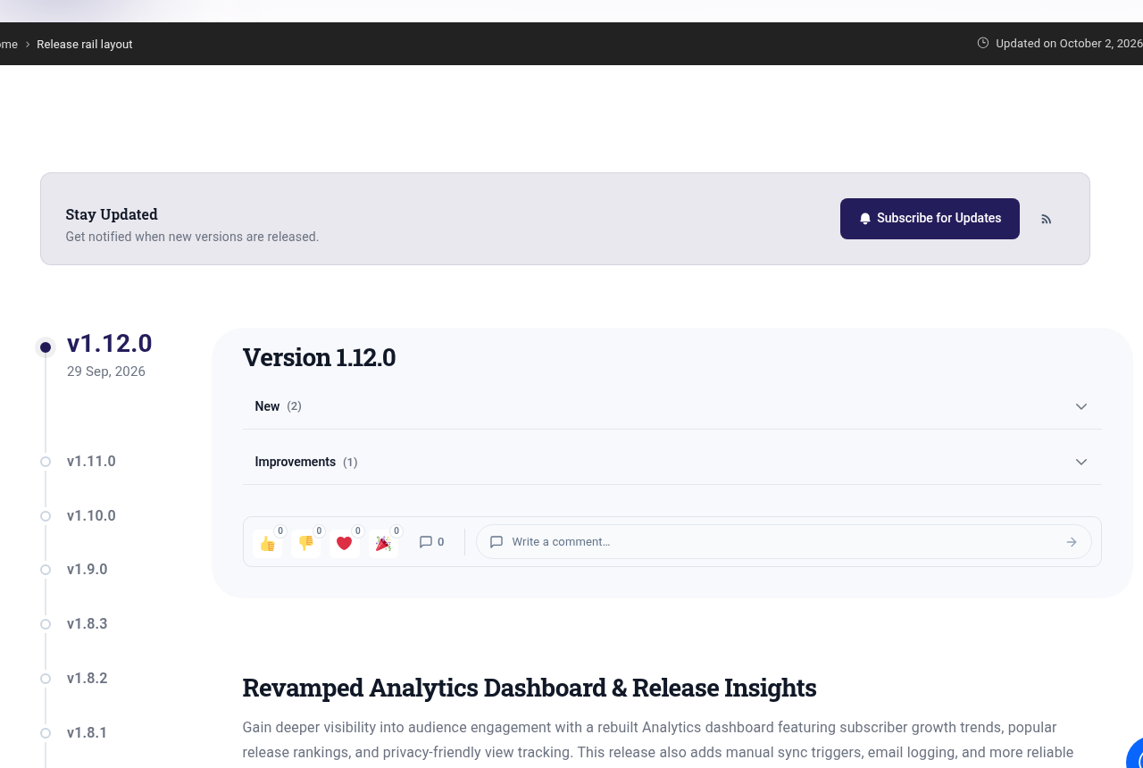 WordPress changelog plugin Rail layout showing version timeline, subscribe box, and release notes for v1.12.0