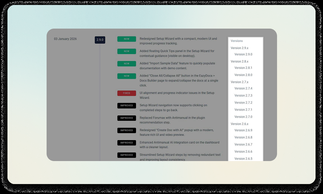 WordPress changelog plugin version sidebar next to categorized New Fixed and Improved change tags