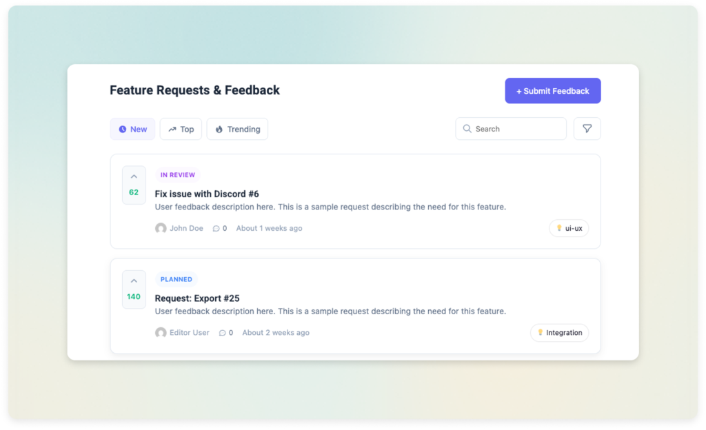 WordPress customer feedback board with submit button, votes, and status badges