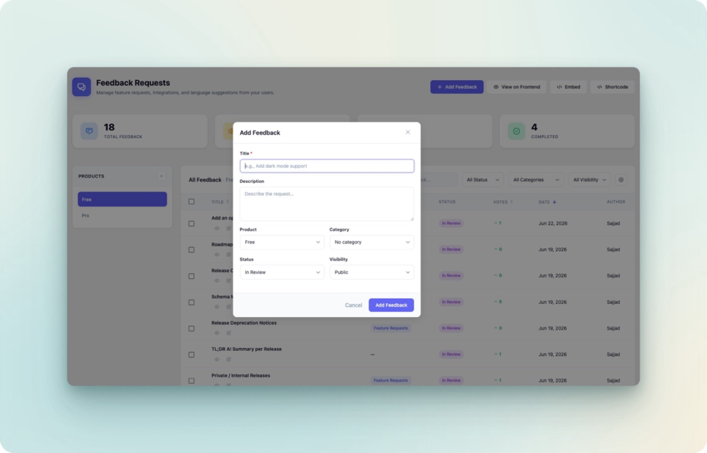 WordPress feedback form modal to add title description category and status in Changeloger