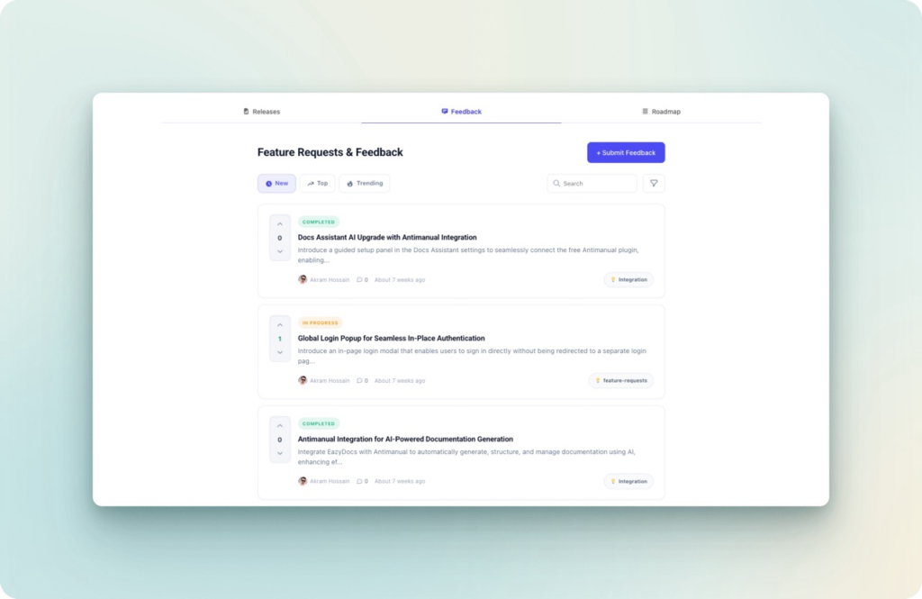 Public WordPress feedback board with Submit Feedback button for collecting feature requests