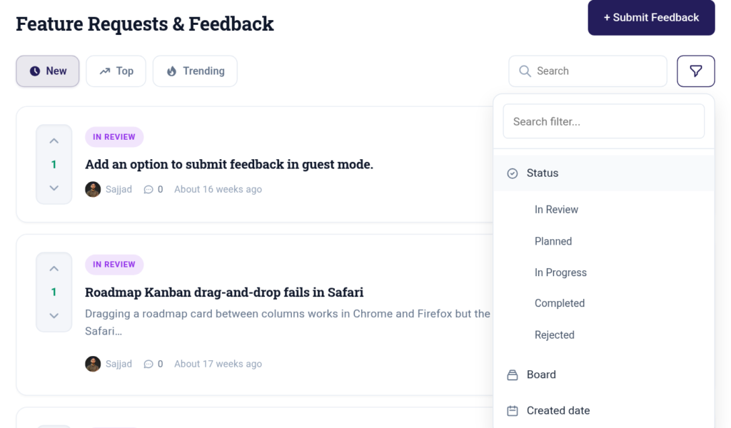 WordPress feature request tracking in Changeloger: feedback board status filter with In Review, Planned, In Progress, Completed and Rejected