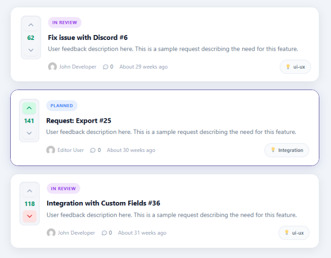 WordPress feature voting plugin idea cards with upvote and downvote buttons, live vote counts and status badges