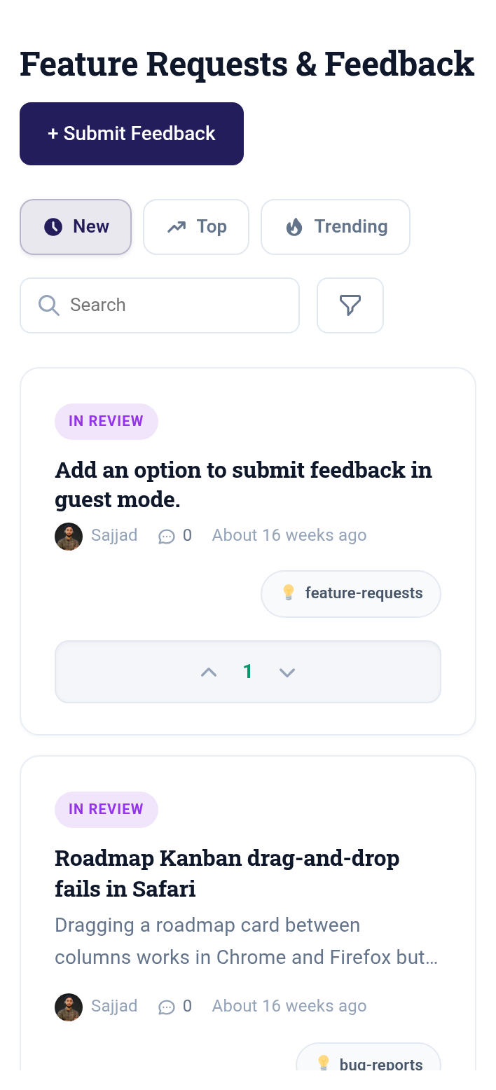 Mobile view of a Changeloger WordPress feedback board with New, Top, Trending sorting, search and votes