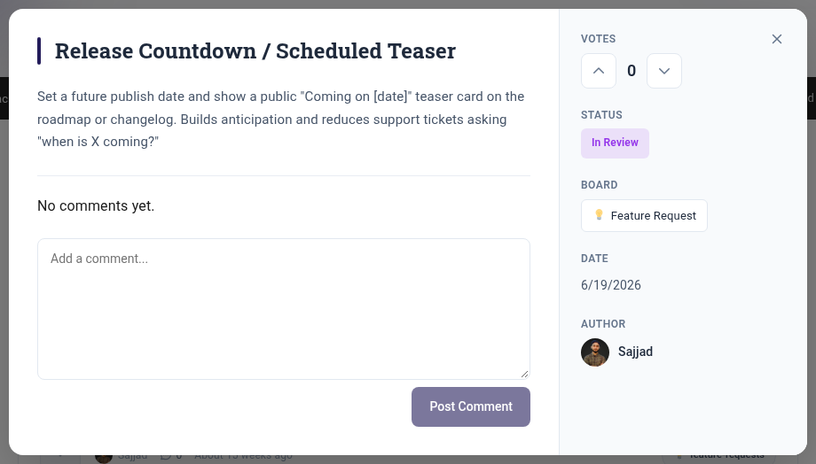 Feature request detail popup on a Changeloger idea board with votes, status, board, date, author and comments