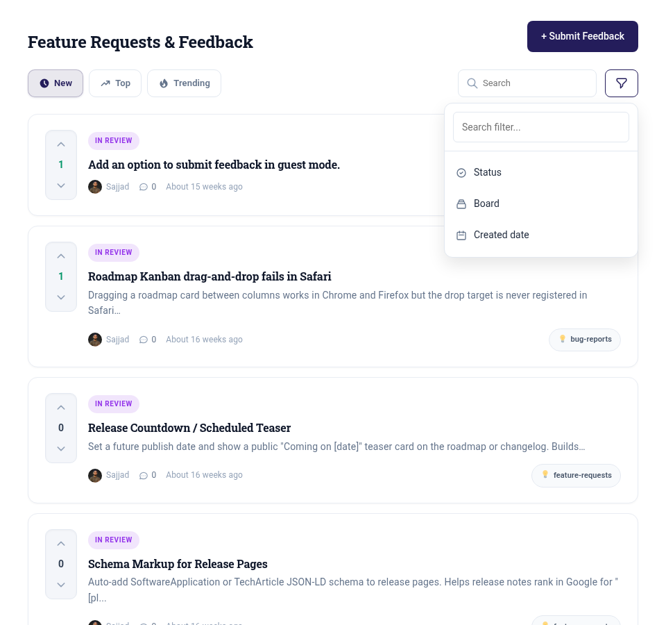 Changeloger WordPress idea board listing feature requests with upvotes, In Review badges and a Status, Board and Created date filter