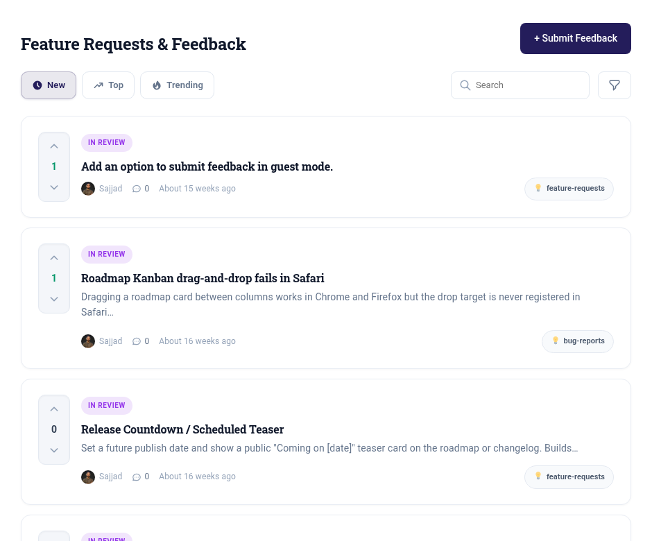 Changeloger product feedback board with New, Top and Trending sorting, search and upvote counts